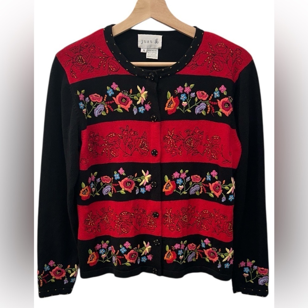 Vintage Just B Beaded Embroidered Floral Cardigan Sweater M